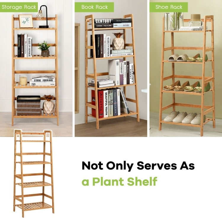 4-Tier Bamboo Plant Rack with Guardrails Stable and Space-Saving-Natural