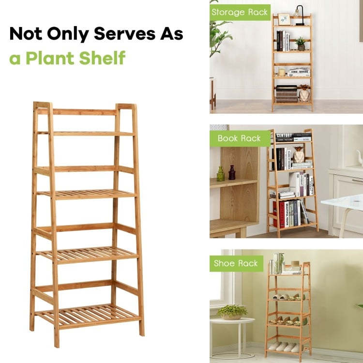 4-Tier Bamboo Plant Rack with Guardrails Stable and Space-Saving-Natural
