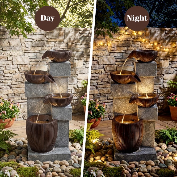 4-Tier Cascading Bowl Outdoor Water Fountain with LED Lights