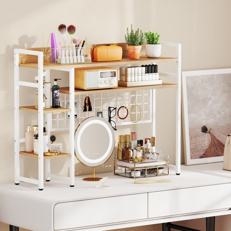 4-Tier Desk Shelf Desktop Display Rack with Metal Grid Panel and 6 Hooks-Natural