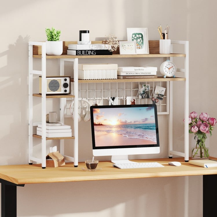 4-Tier Desk Shelf Desktop Display Rack with Metal Grid Panel and 6 Hooks-Natural