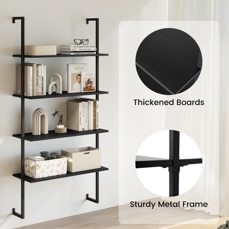 4-Tier Ladder Shelf Open Wall Mounted Bookcase with Wooden Boards and Metal Frame-Black