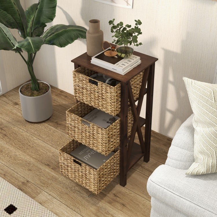 4-Tier Nightstand with 3 Seagrass Baskets Narrow X-Design-4 Tier-Rustic Brown