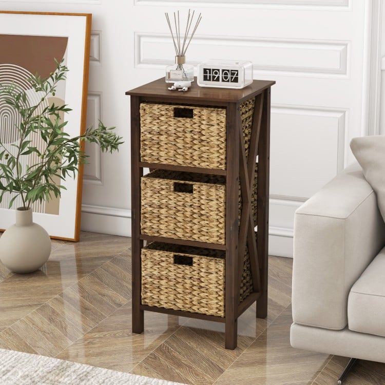 4-Tier Nightstand with 3 Seagrass Baskets Narrow X-Design-4 Tier-Rustic Brown