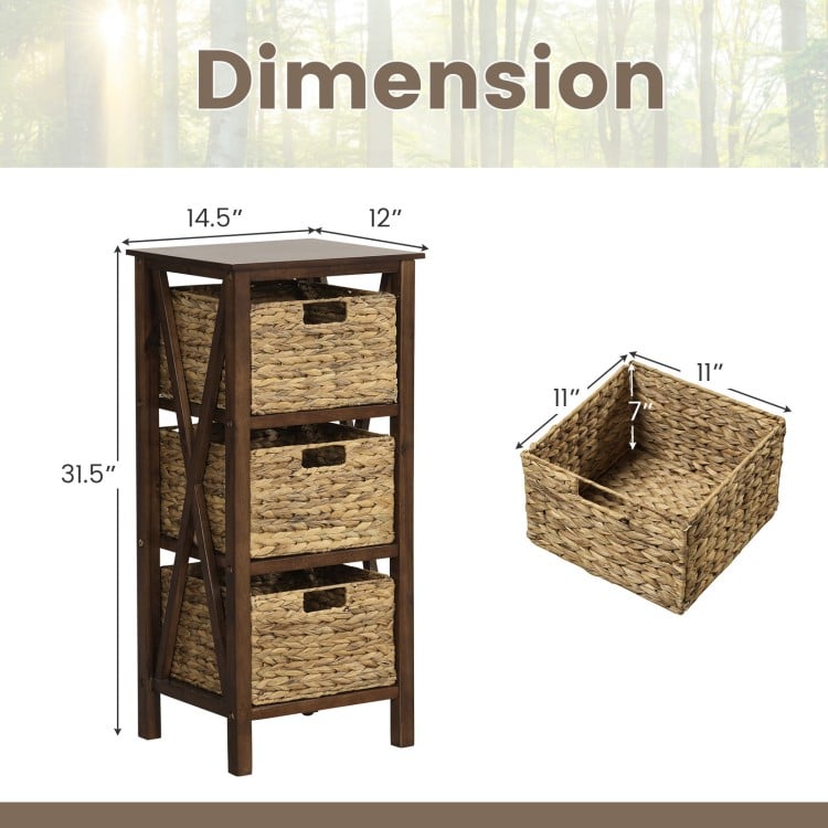 4-Tier Nightstand with 3 Seagrass Baskets Narrow X-Design-4 Tier-Rustic Brown