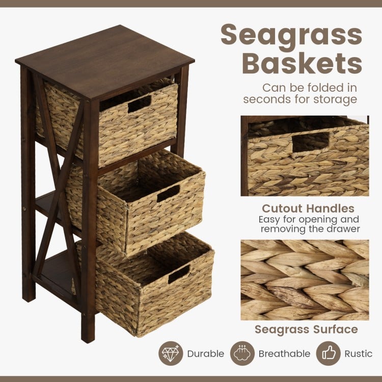 4-Tier Nightstand with 3 Seagrass Baskets Narrow X-Design-4 Tier-Rustic Brown