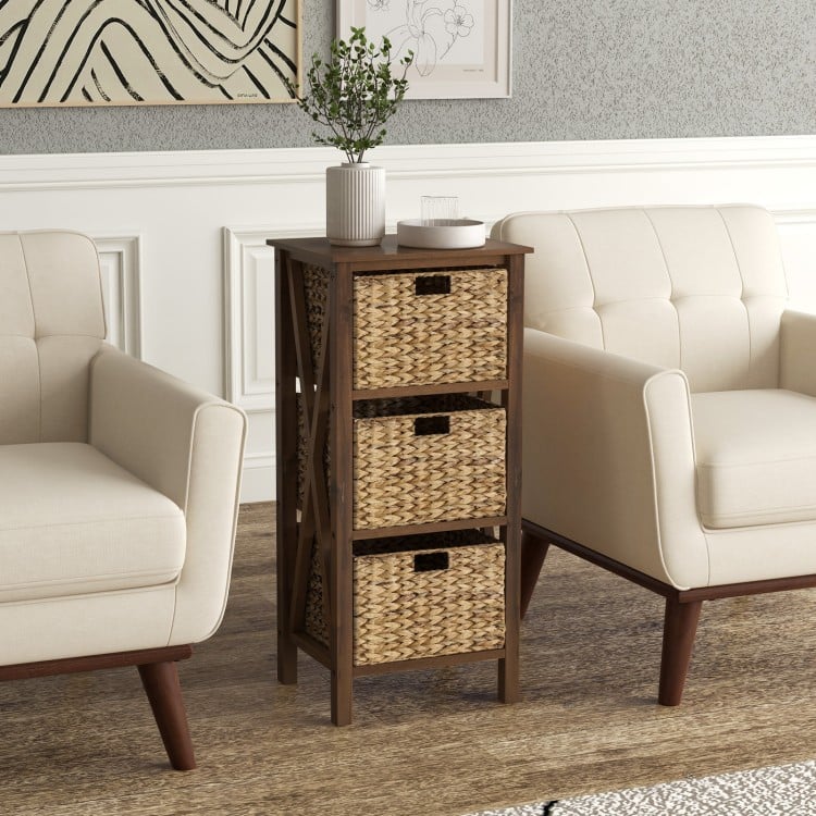 4-Tier Nightstand with 3 Seagrass Baskets Narrow X-Design-4 Tier-Rustic Brown