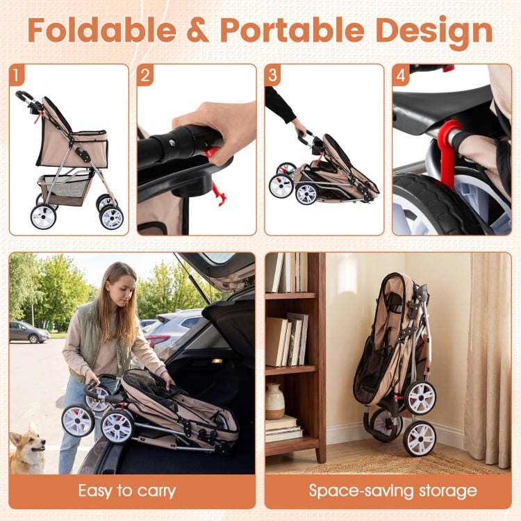 4 Wheel Pet Stroller for Small Dogs Cats up to 33 LBS-Beige