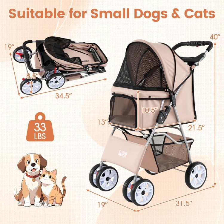 4 Wheel Pet Stroller for Small Dogs Cats up to 33 LBS-Beige