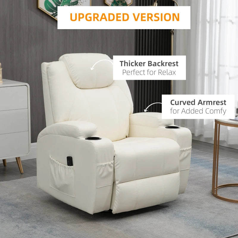 HOMCOM Massage Recliner Chair for Living Room with 8 Vibration Points, PU Leather Swivel Rocker Manual Reclining Chair with Cup Holders, Cream White