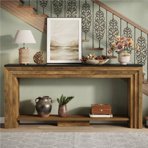 70.9" Farmhouse Console Table, Rustic Entryway Sofa Table with Bottom Storage Shelf, Brown & Black