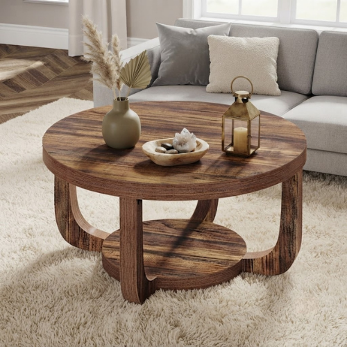 31.5" Round Coffee Table with 2-Tier Storage, Modern Farmhouse Circle Center Table with Thick Wood Top & Rustic Brown Finish