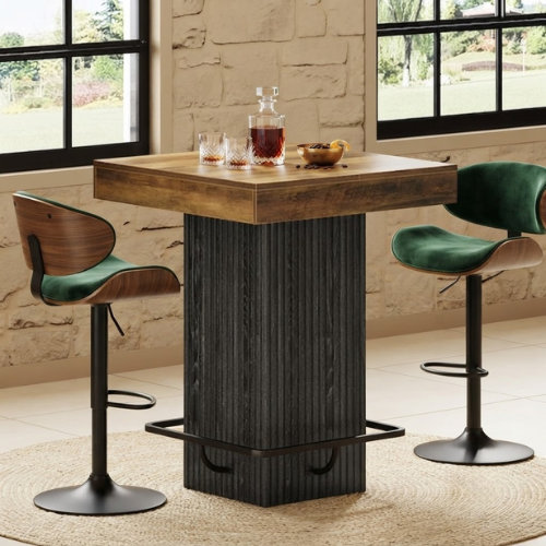 31.5" Square Bar Table Industrial Counter Height Dining Table with Metal Footrest Heavy Duty Pedestal Base Rustic Brown