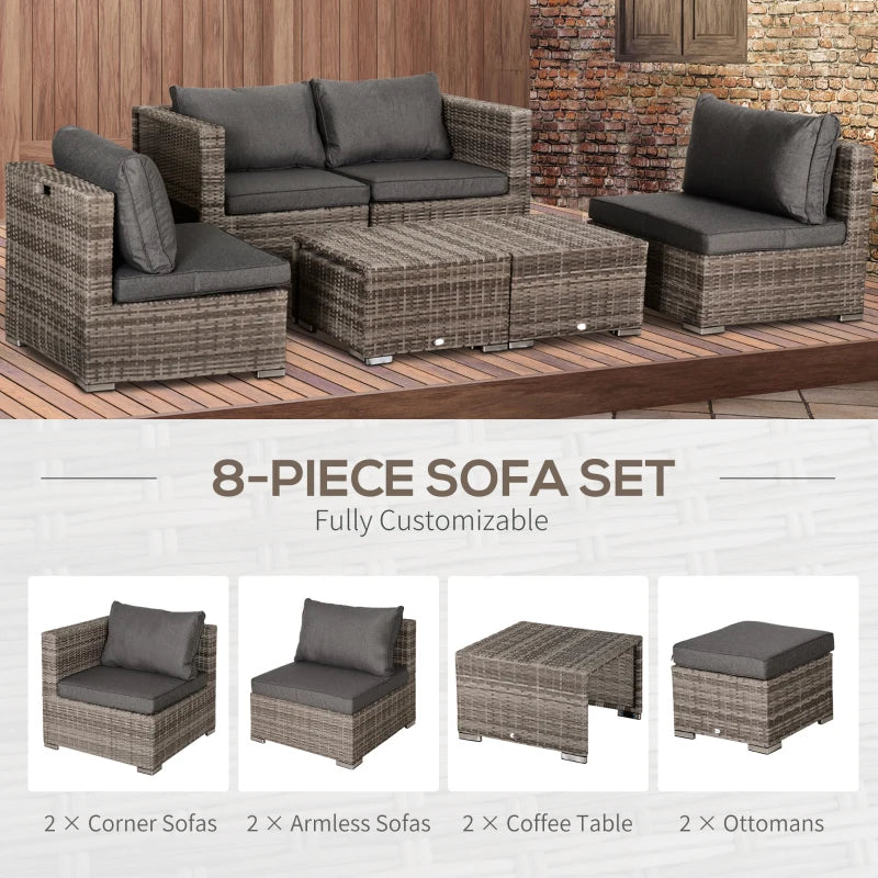Outsunny 8 Pieces Patio Furniture Set, Outdoor Wicker Rattan Sofa Set Yard Conversation Reclining Seat Tea Table and Footstool Garden Patio Furniture w/ 2 Set Cushion Cover Grey & Orange