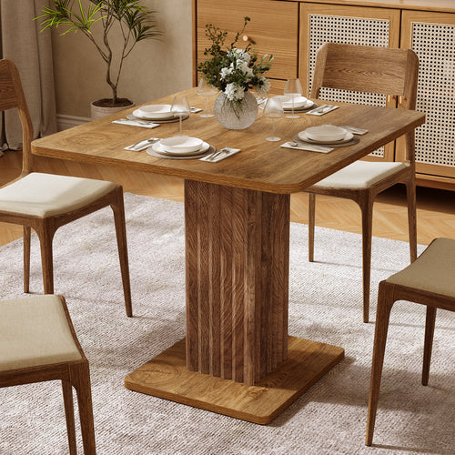 Dining Table 35.43" x 31.5" Farmhouse Kitchen Table for 2-4 People with Fluted Pedestal Base and Thick Tabletop Rustic Wood