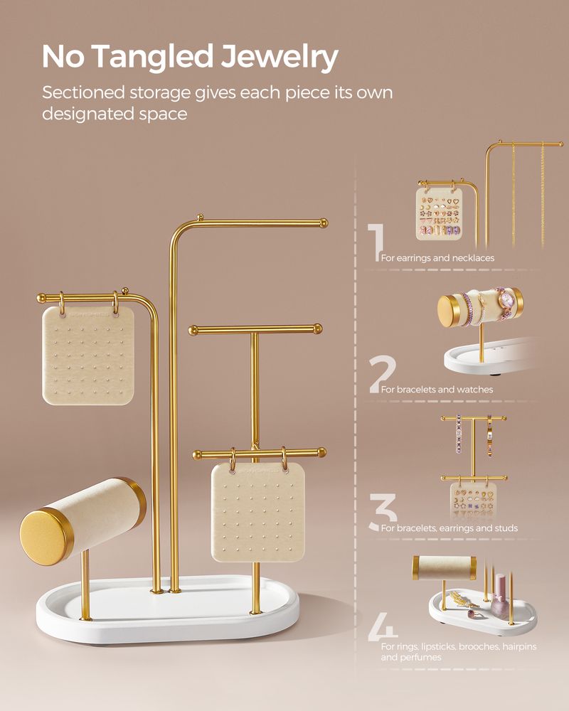 SONGMICS Jewelry Stand with Metal Frame, 2 Earring Boards, 4 Hanging Rods