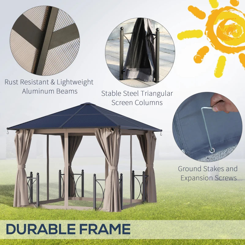 Outsunny 10' x 10' Hardtop Gazebo with PC Board Roof and Aluminum Frame, Patio Gazebo with Curtains and Netting for Party Wedding Marquee Tent, Black