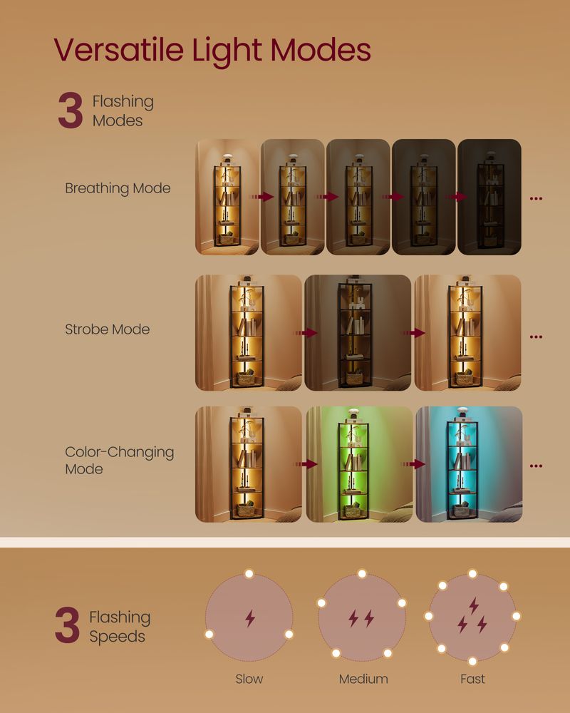 VASAGLE 5-Tier Corner Bookshel with LED Lights