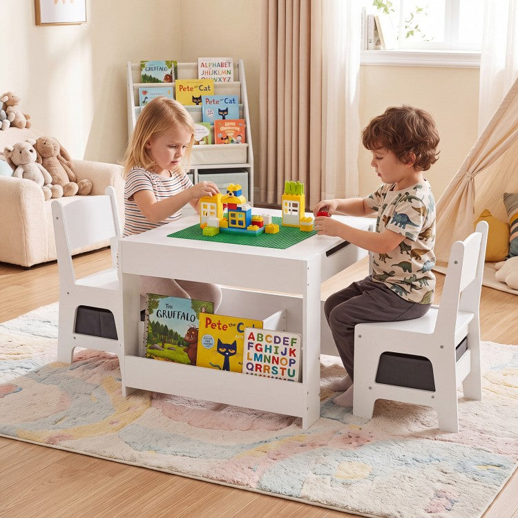 4-in-1 Kids Table & 2 Chairs with Reversible Tabletop, Building Block Board & Storage – Gray/Natural/Pink