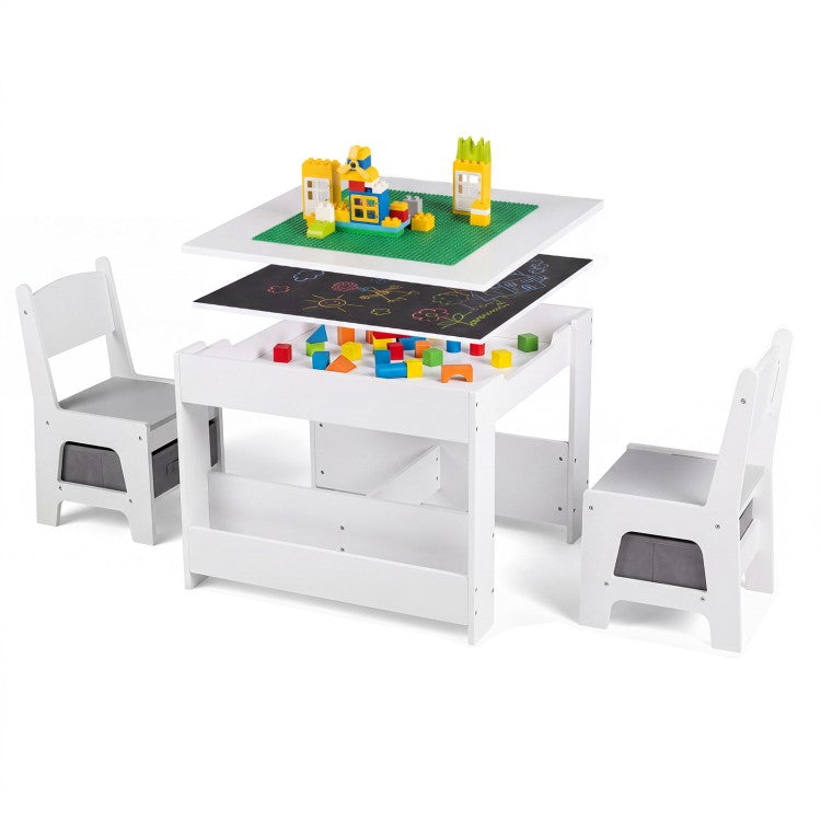 4-in-1 Kids Table & 2 Chairs with Reversible Tabletop, Building Block Board & Storage – Gray/Natural/Pink