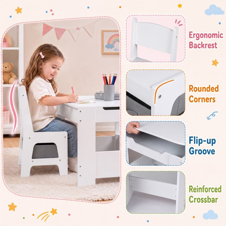 4-in-1 Kids Table & 2 Chairs with Reversible Tabletop, Building Block Board & Storage – Gray/Natural/Pink