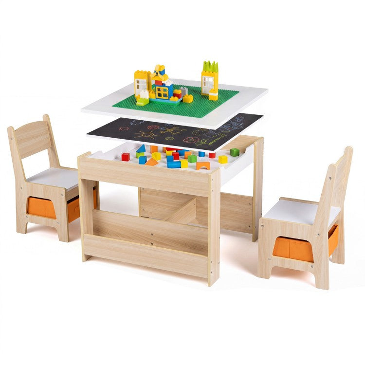 4-in-1 Kids Table & 2 Chairs with Reversible Tabletop, Building Block Board & Storage – Gray/Natural/Pink