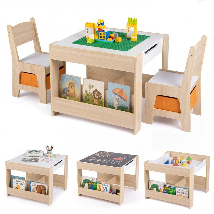 4-in-1 Kids Table & 2 Chairs with Reversible Tabletop, Building Block Board & Storage – Gray/Natural/Pink