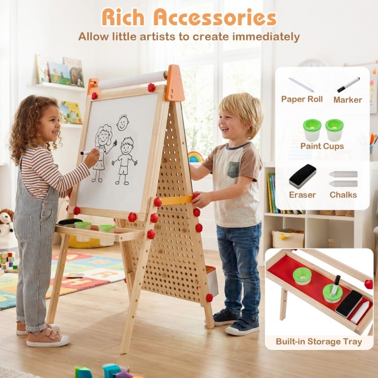4-in-1 Wooden Kids Art Easel Double-Sided Foldable with Paper Roll and Storage Tray