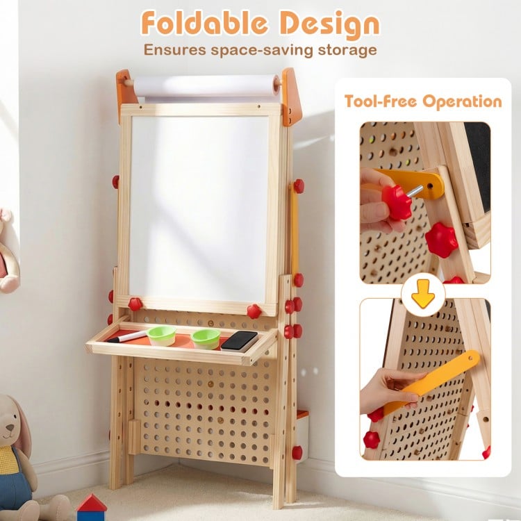 4-in-1 Wooden Kids Art Easel Double-Sided Foldable with Paper Roll and Storage Tray