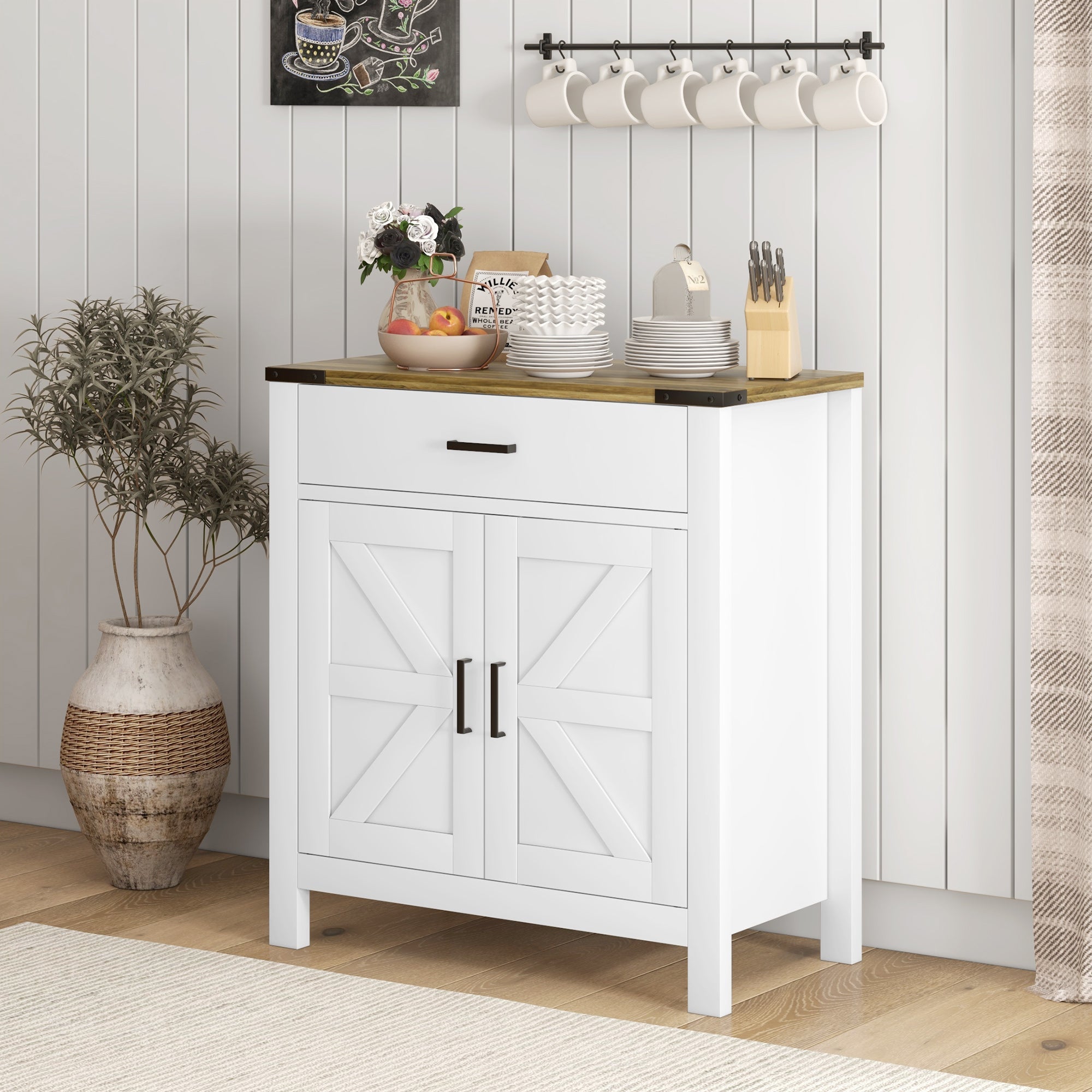 HOMCOM Farmhouse Buffet Cabinet Sideboard with 1 Drawer, 1 Storage Cabinet and Adjustable Shelf, White
