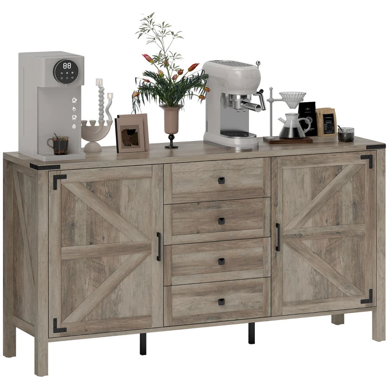 59" Buffet Cabinet, Farmhouse Sideboard with Thick Top, 2 Barn Doors, 4 Drawers and 2 Adjustable Shelves, Grey