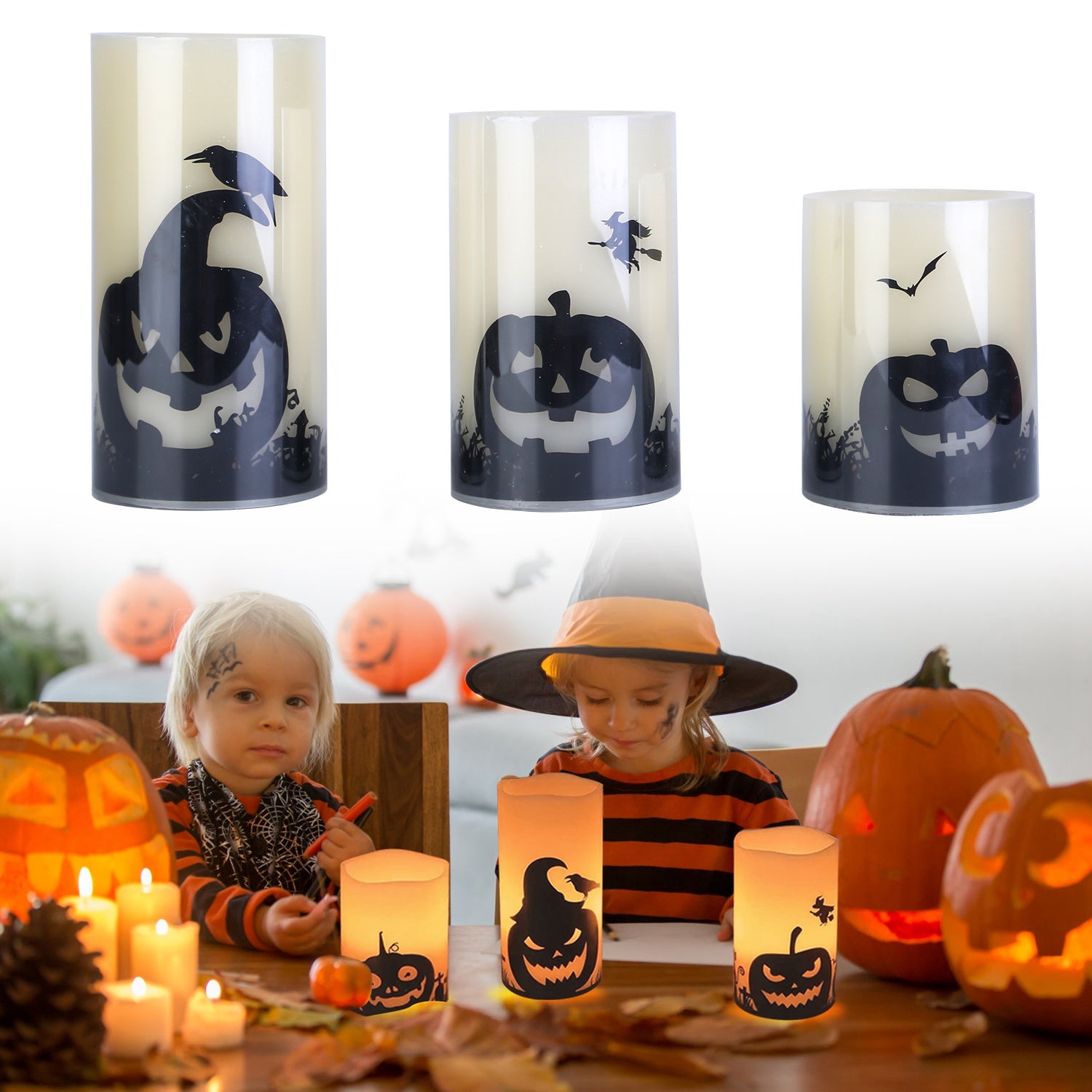 3 Pack Halloween Flameless Candle Lamp with Timer Setting Battery Powered Warm Orange Light Candles for Halloween Party Decoration Pumpkin Crow Bat