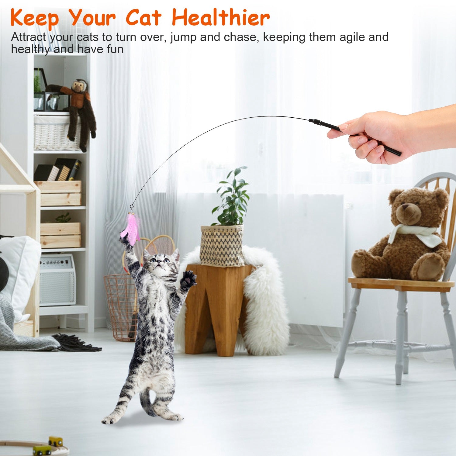 Cat Feather Toys Wand Rod Interactive Cat Spring Bell Play Toys with 12Pcs Feather Replacements Suction Cup Base for Cats Kitten