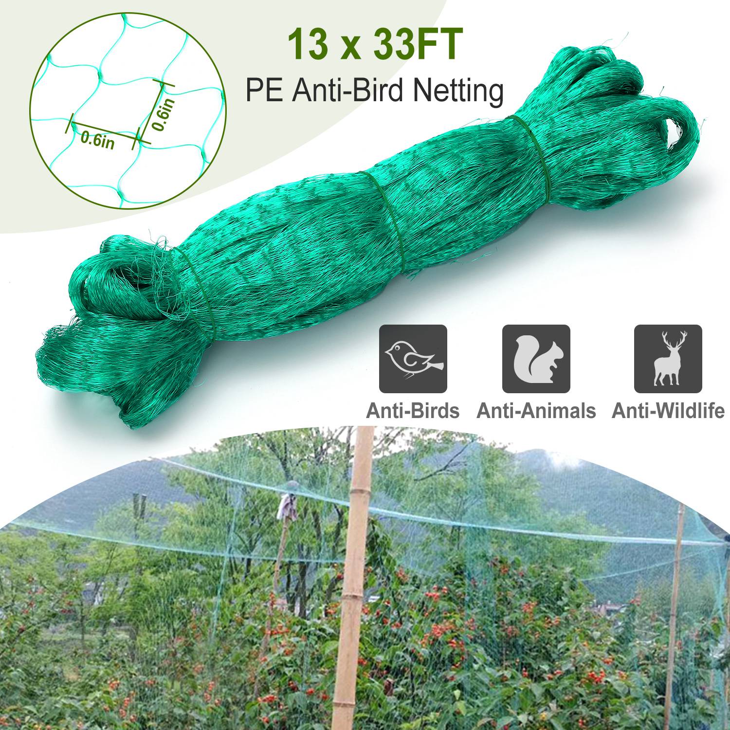 13 x 33ft Garden Netting Heavy Duty PE Anti Bird Netting Plants Fruits Tree Vegetables Protection Netting Net