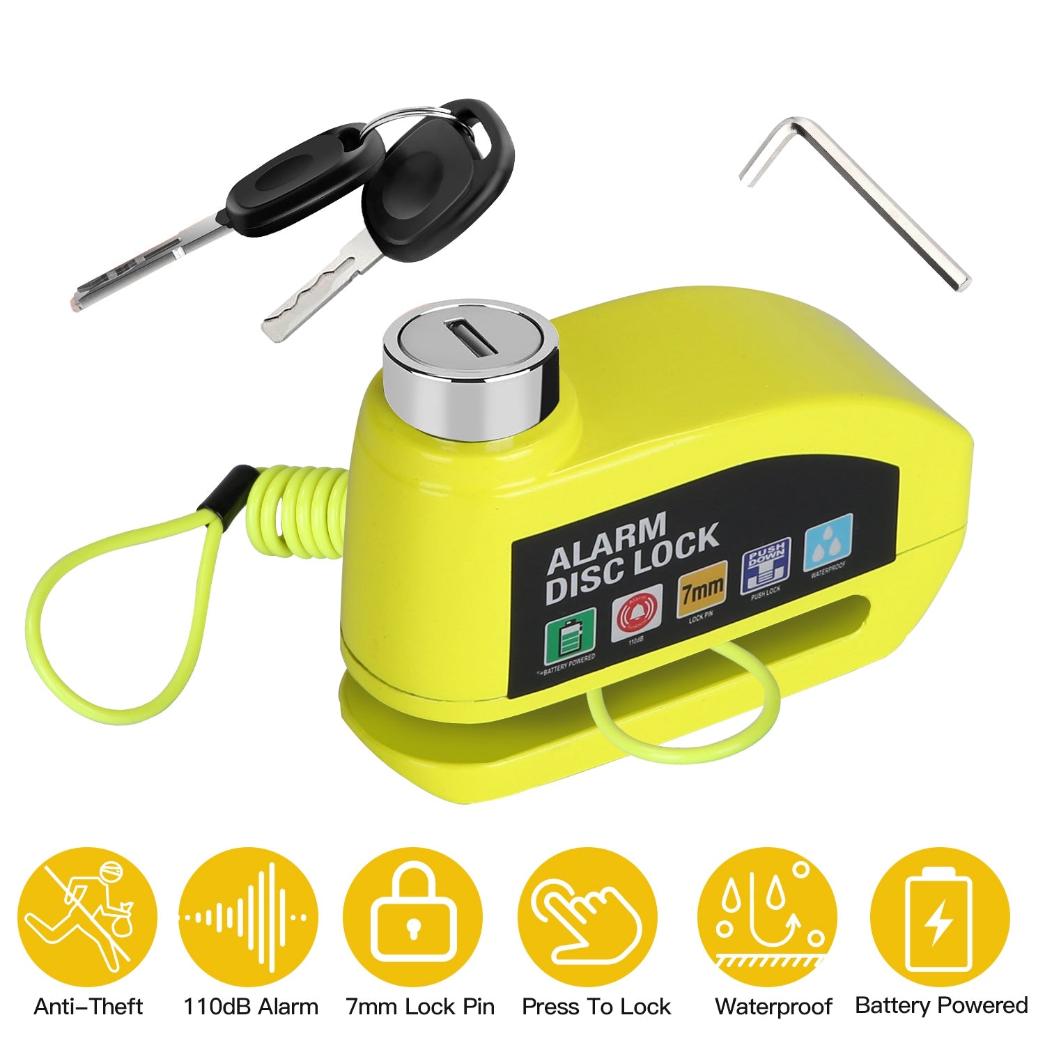 Motorcycle Disc Lock Alarm Anti-theft Brake Disc Lock Wheel Alarm Security Lock with 110dB Alarm 2 Keys 3.94FT Reminder Cable for Motorbike Bike Scoot