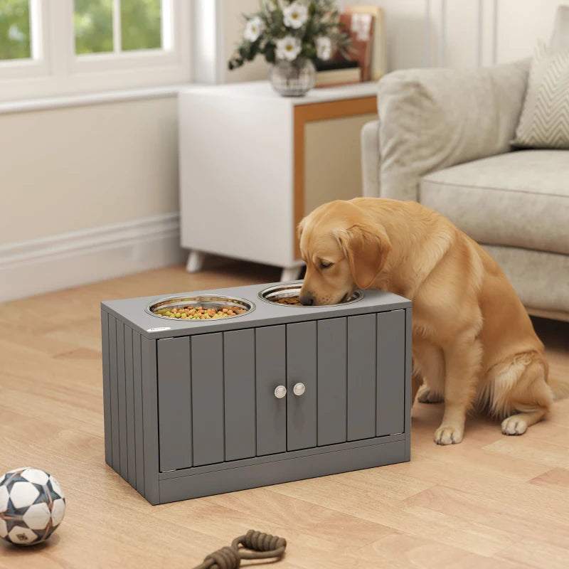 Elevated Dog Bowls for Large Dogs Pet Feeding Station with Stand, Storage, 2 Stainless Steel Food and Water Bowls, Grey