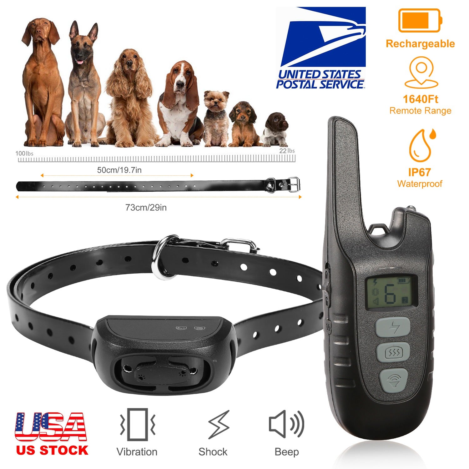 Dog Training Collar IP67 Waterproof Rechargeable Dog Shock Collar w/ 1640FT Remote Range Beep Vibration Shock 3 Training Modes