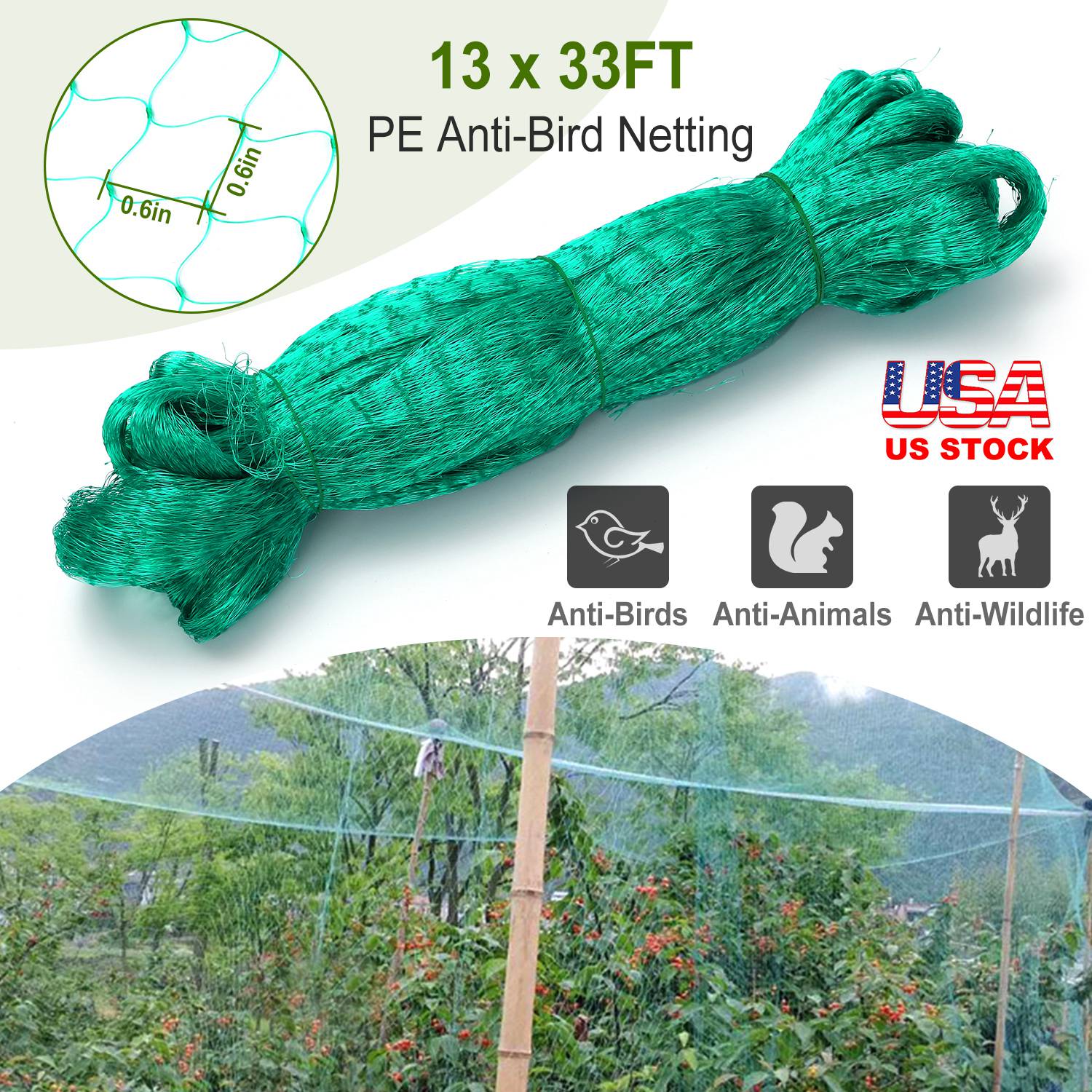 13 x 33ft Garden Netting Heavy Duty PE Anti Bird Netting Plants Fruits Tree Vegetables Protection Netting Net