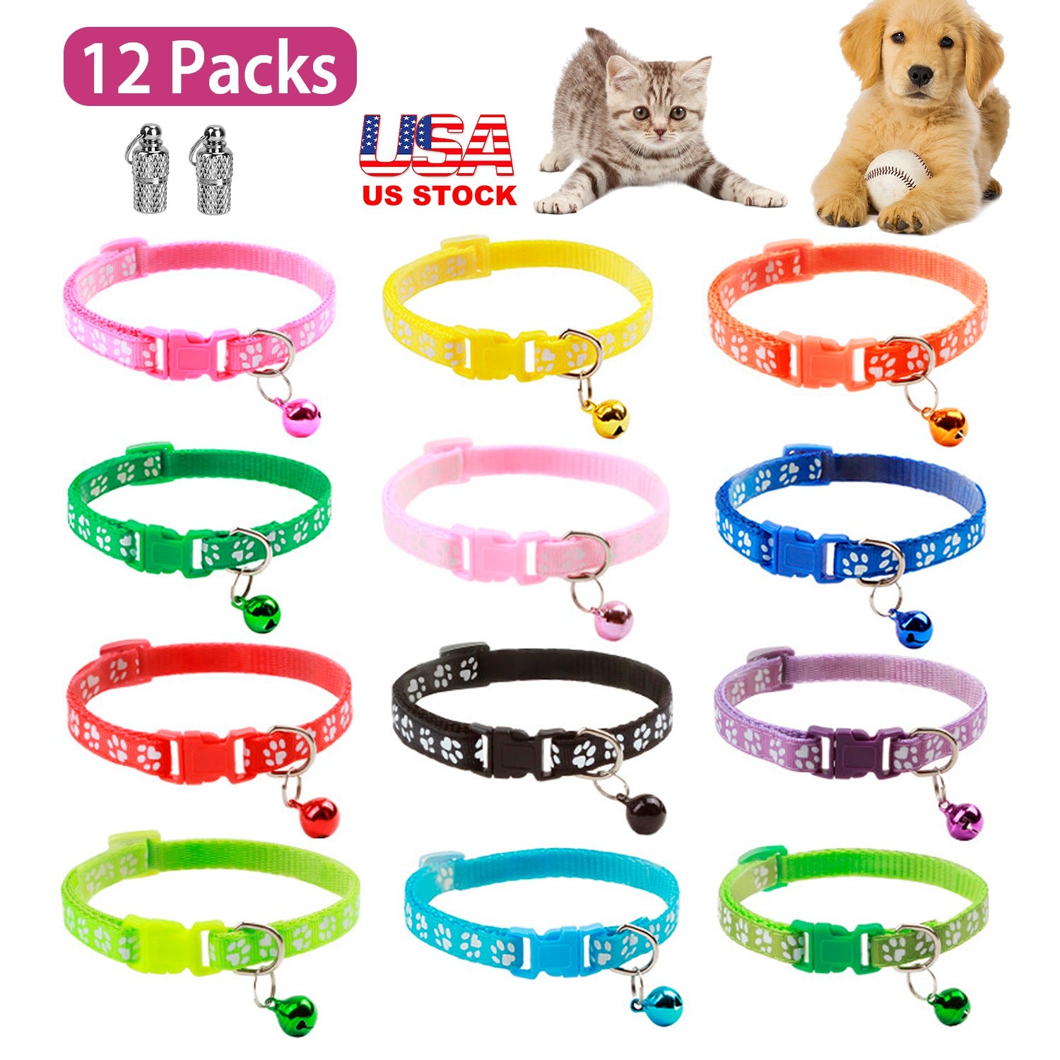 Cat Collar Adjustable Kitten Collar Pet Collar with Bell Name Tag Safety Buckle Collar