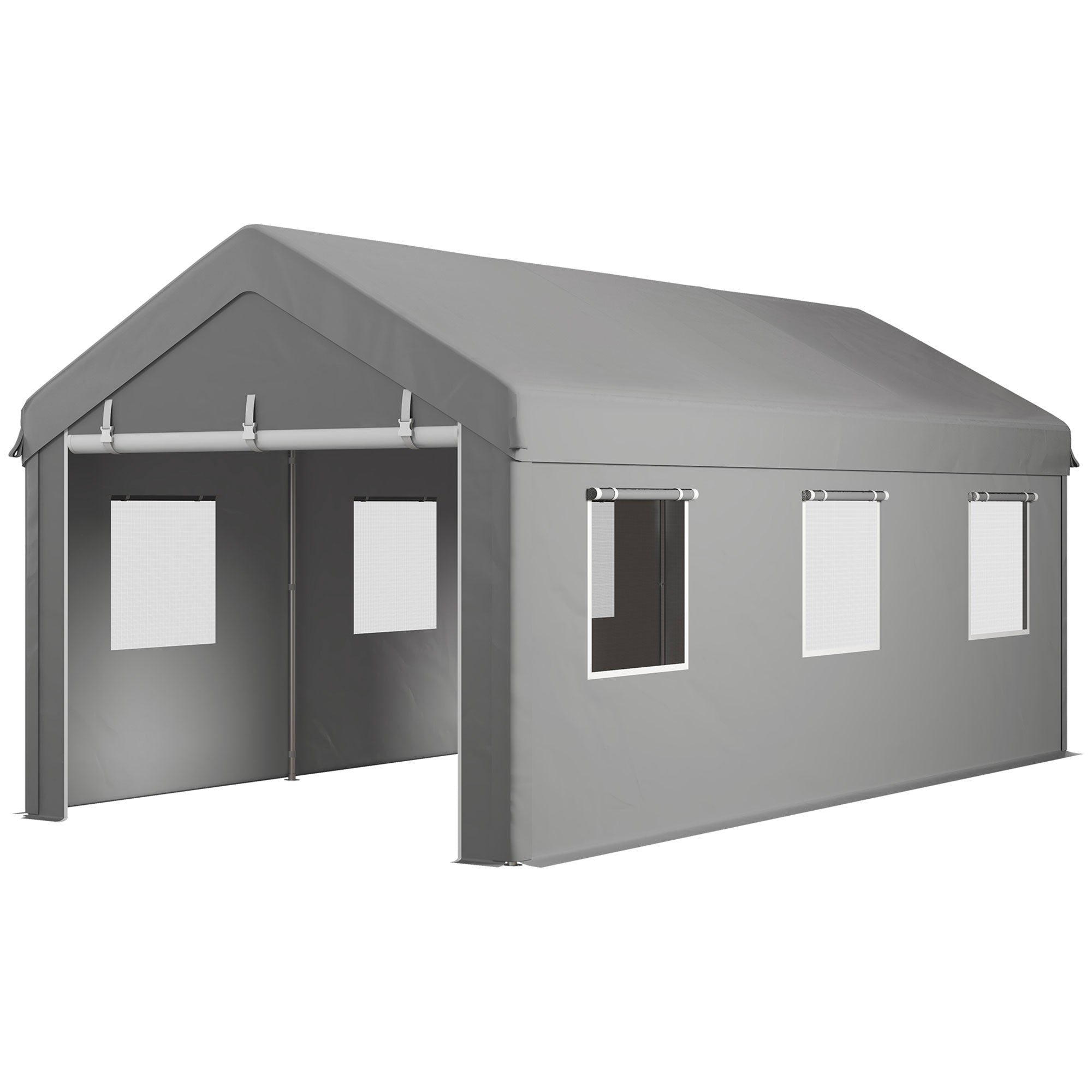 Outsunny Portable Carport 10'x20' Heavy Duty Garage Shelter with Mesh Windows Doors Grey