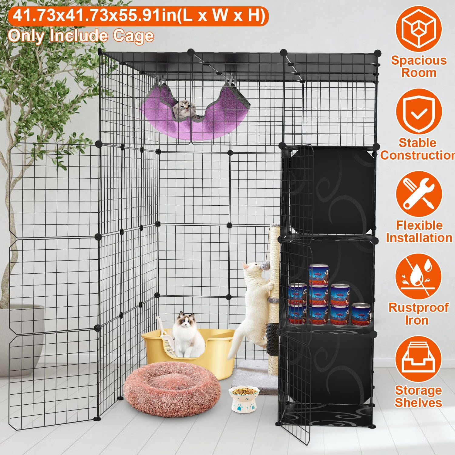 4Tier Cat Playpen Cage Black Iron Indoor Cat House Detachable Kitten House with Storage Shelves Cat Hammock Flexible Installation For 1-4Cats Exercise