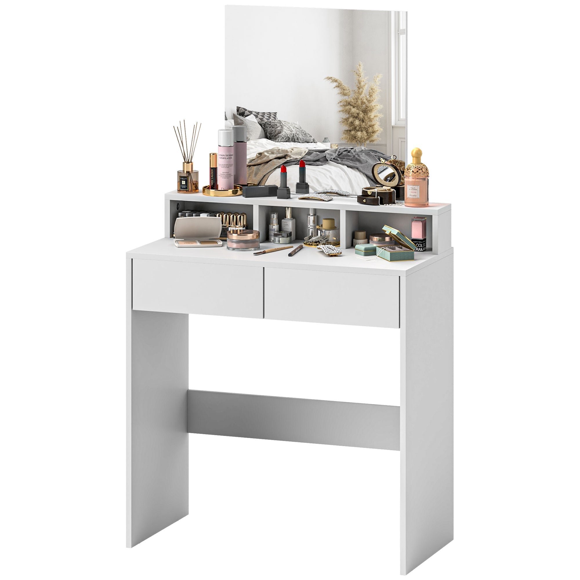 HOMCOM Makeup Vanity Desk with Mirror, for Bedroom, Modern Dressing Table with Drawers, Compartments, White
