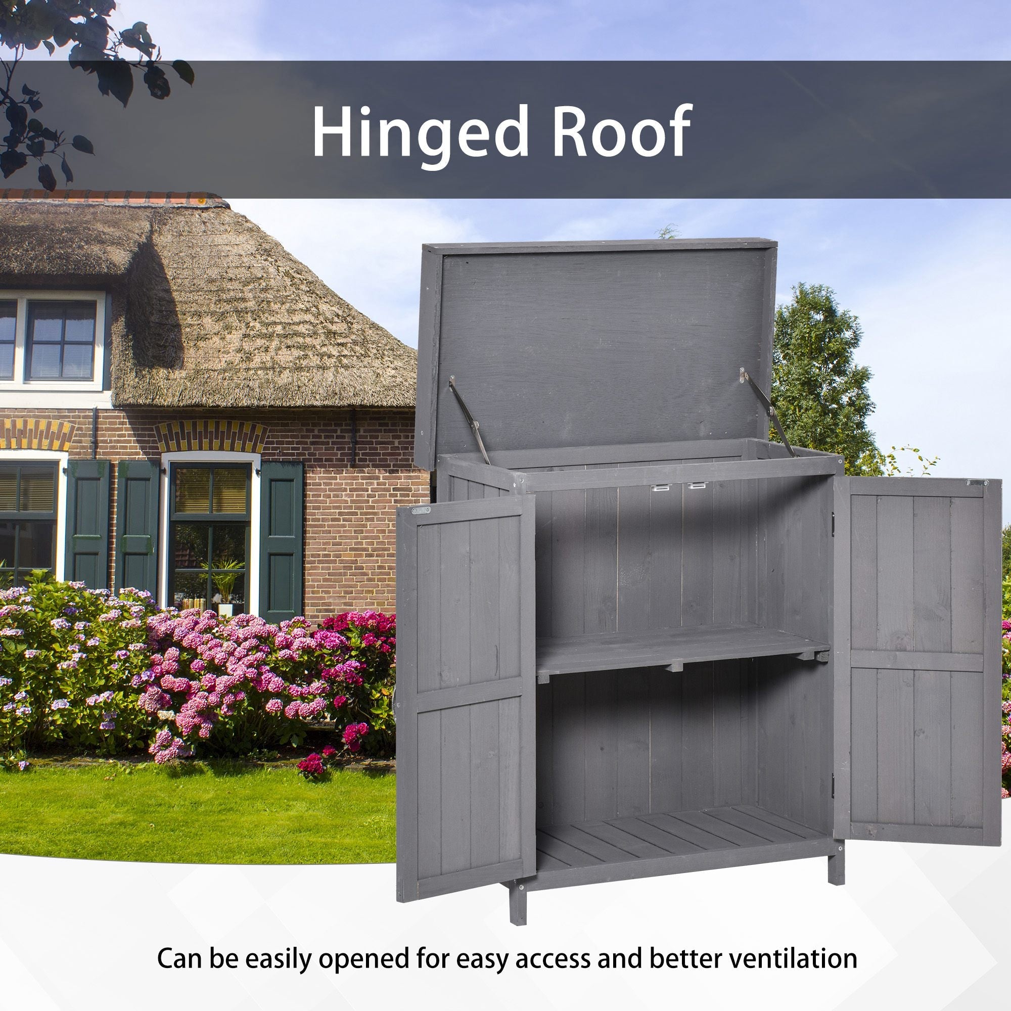 Outsunny Garden Tool Storage Shed Wooden Kit Hinged Roof 2-Tier Shelves Double Doors Dark Grey