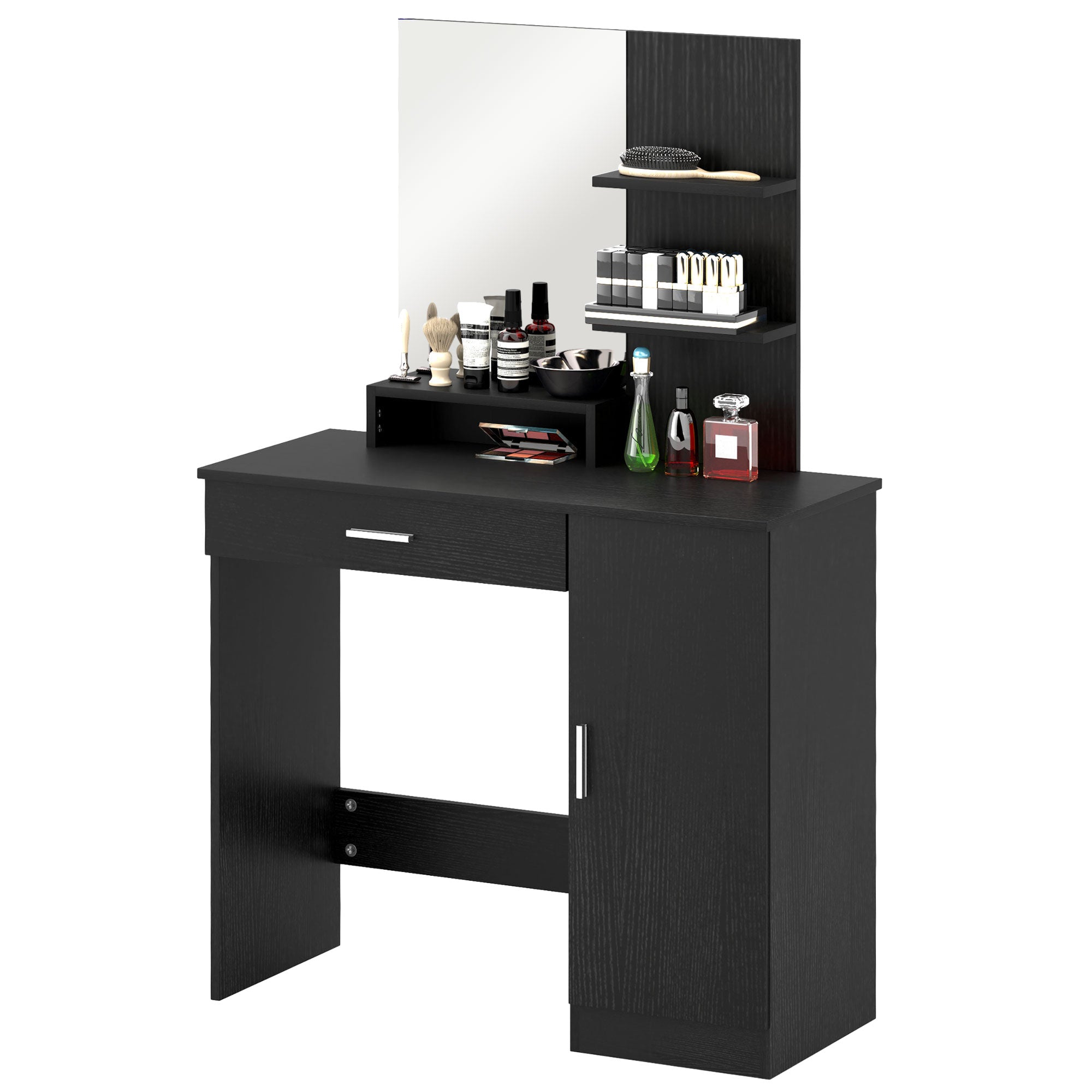 HOMCOM Dressing Table, Vanity Table with Mirror, Drawer and Storage Shelves for Bedroom, 35.4" x 15" x 54.3", Black