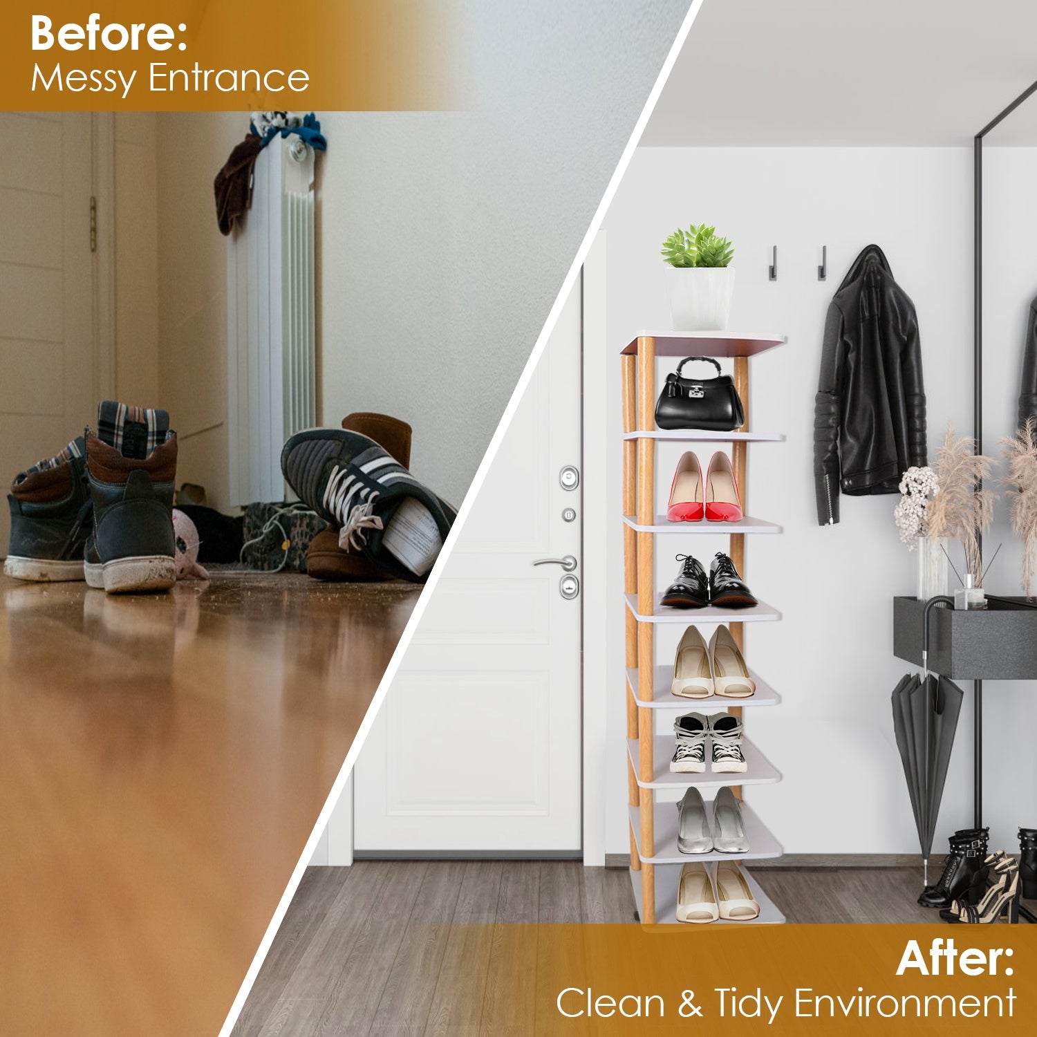 8 Tier Entryway Wooden Shoe Rack Vertical Shoe Shelf Stand Storage Organizer Small Space Saving Corner Shoe Tower Entryway Hallway Closet