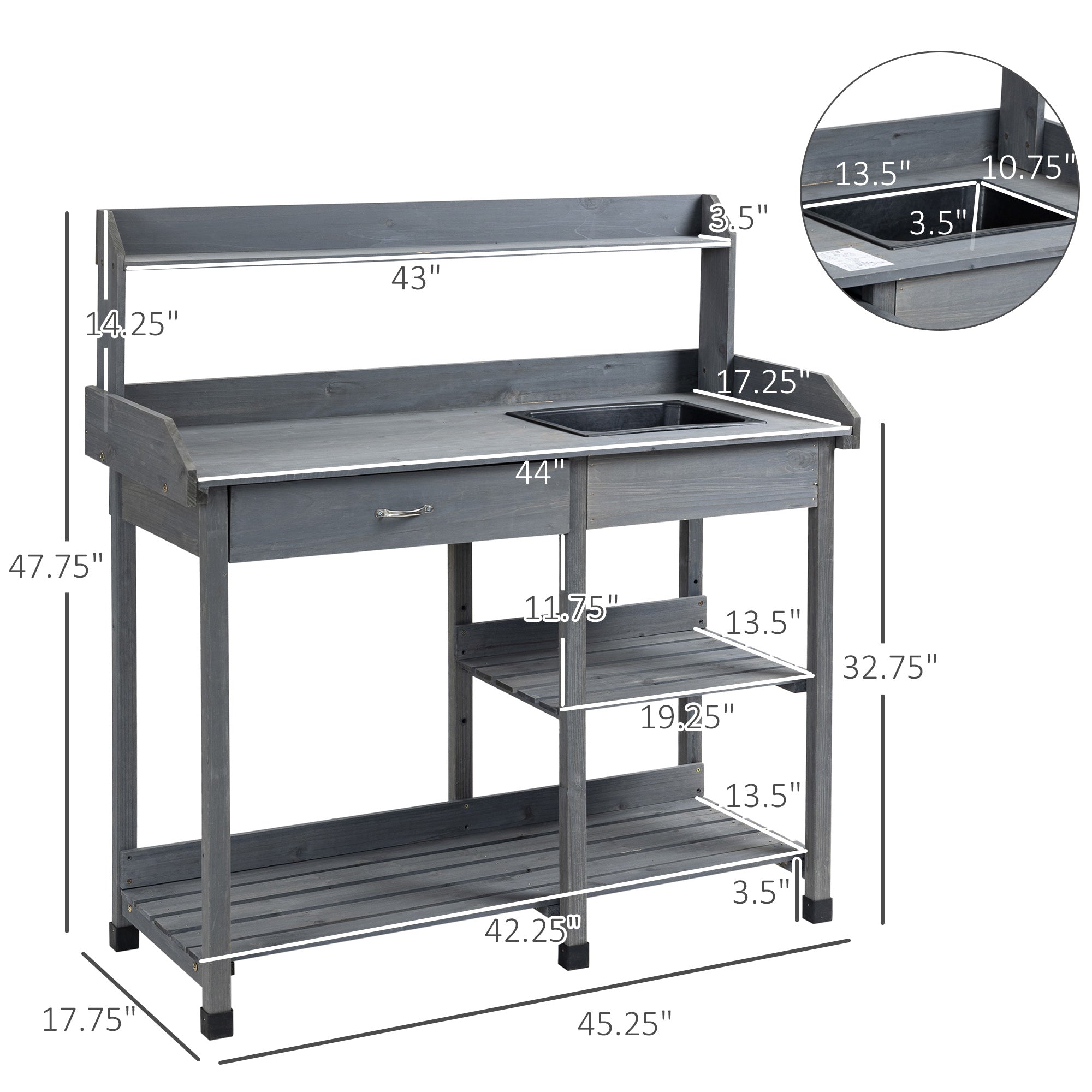 Outsunny Potting Bench Table Garden Work Bench Workstation with Drawer, Removable Sink, Storage Shelves and Hooks