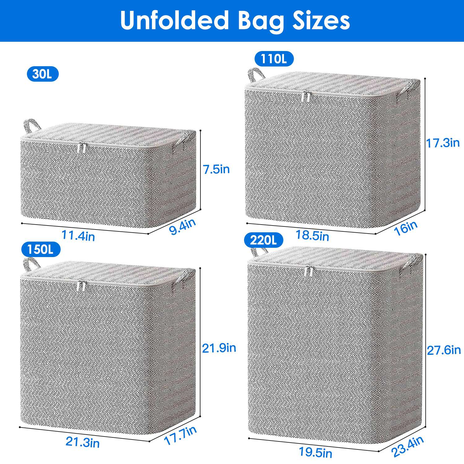 4 Pack Foldable Non Woven Storage Bags Closet Organizers Wardrobe Sorting Baskets with 2 Handles Dustproof Lid Zipper for Clothes Quilt 30L 110L 150L