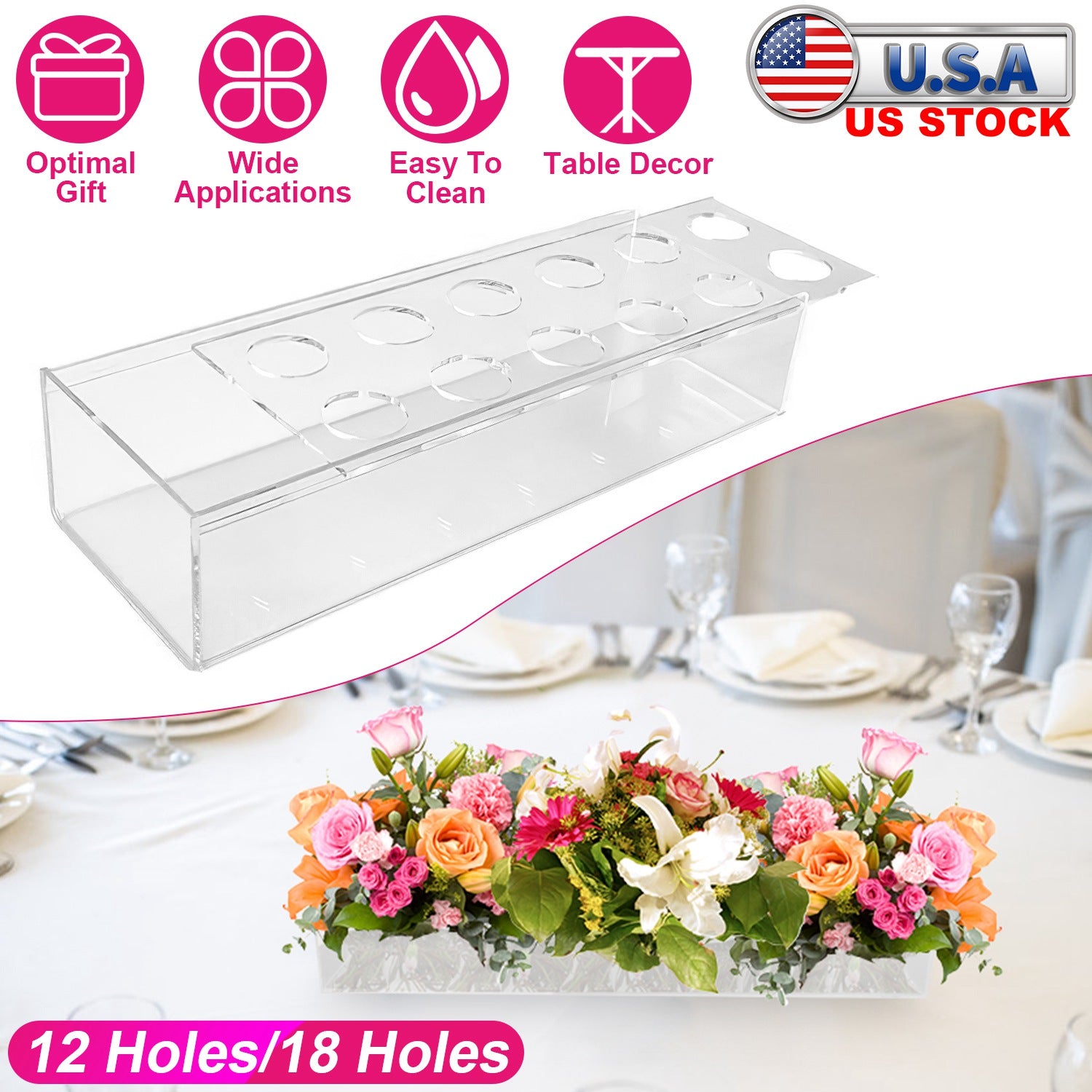 Clear Acrylic Flower Vase Rectangular Floral Centerpiece for Table Decoration Modern Flower Holder for Mother’s Day Valentine’s Day Wedding Party 12 H