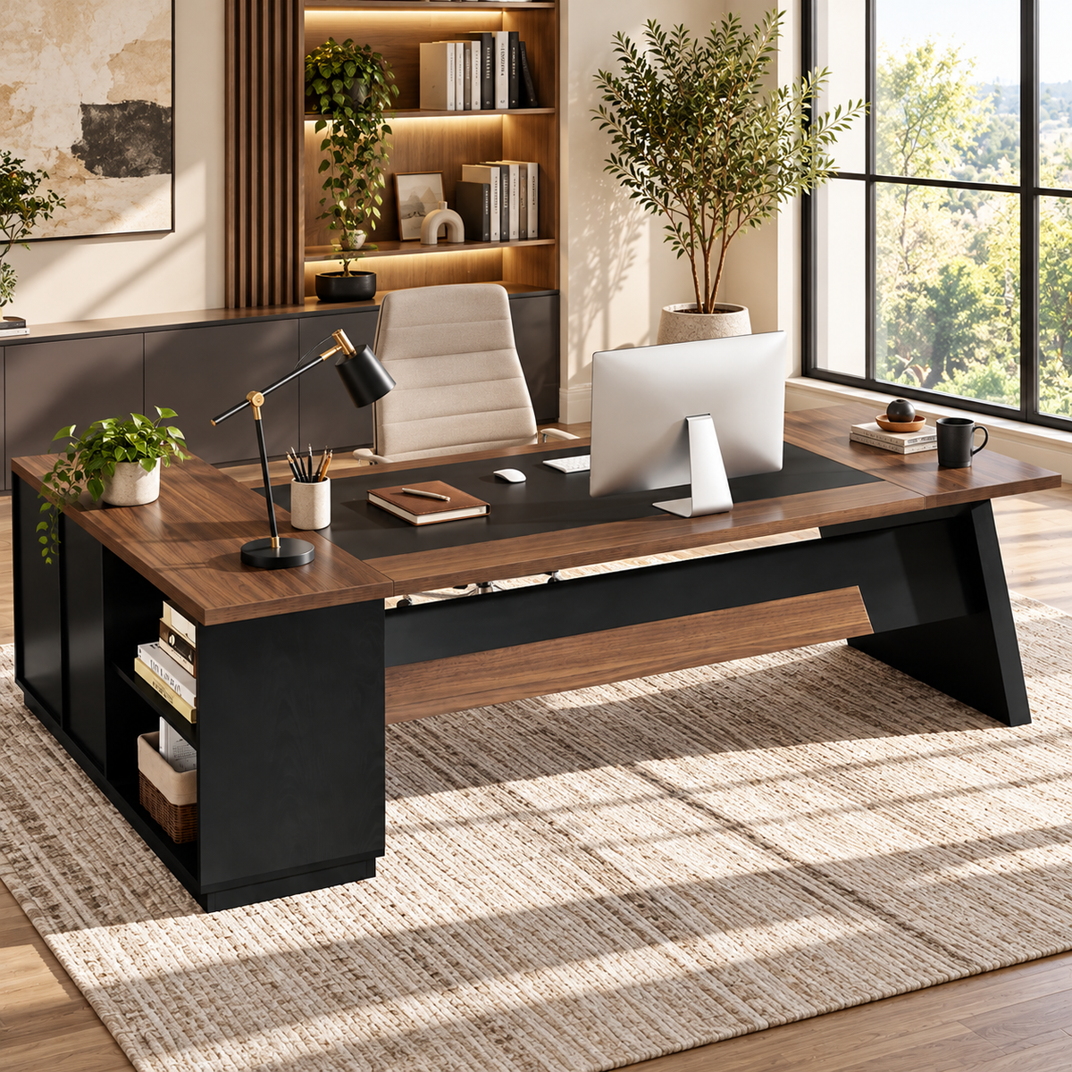Norvique 78.7-Inch L-Shaped Executive Desk with Drawers, File Cabinet & Storage Shelves, Walnut & Black