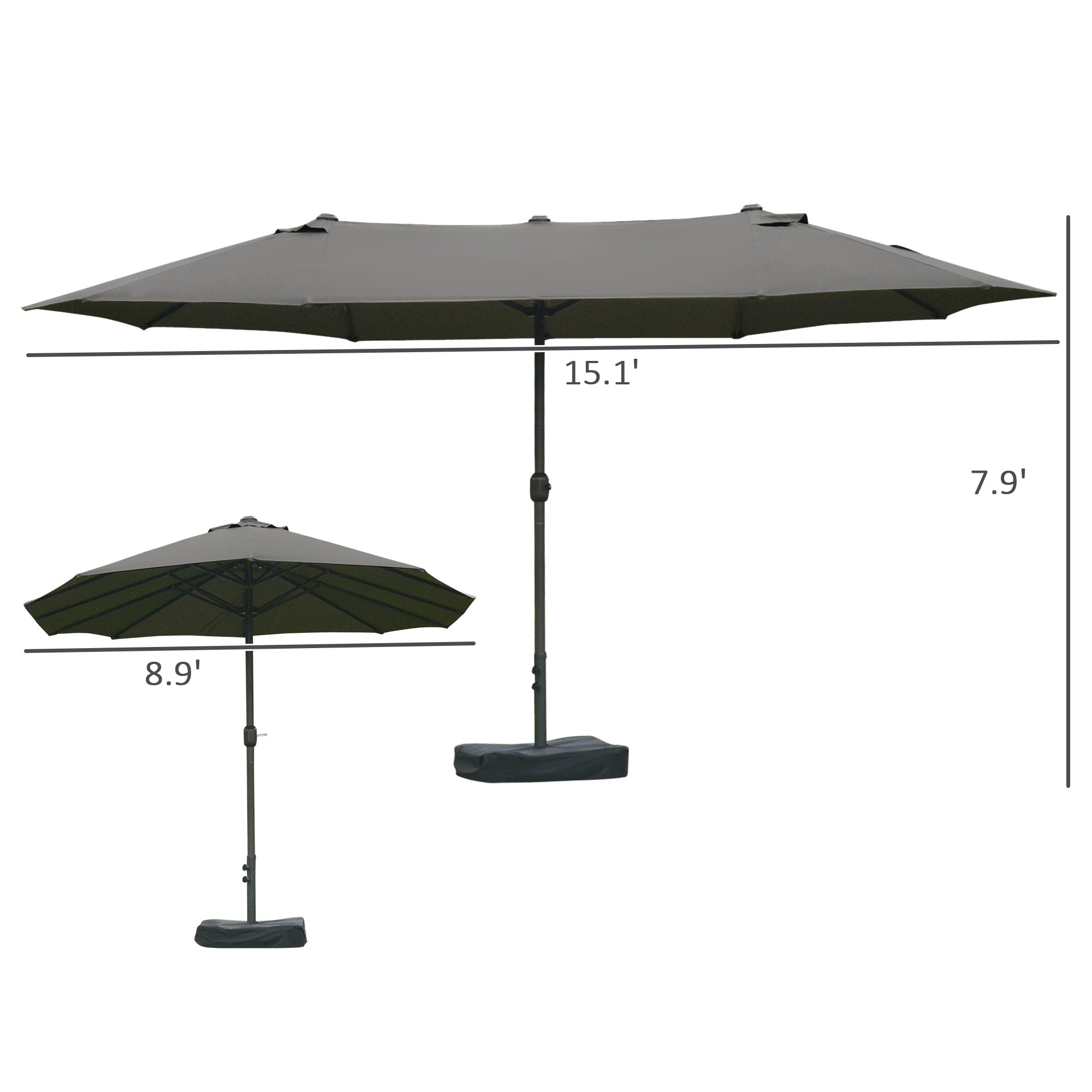 Outsunny 15' Double Canopy Patio Umbrella Sunshade w Lift Crank Cross Base Sandbag Dark Grey